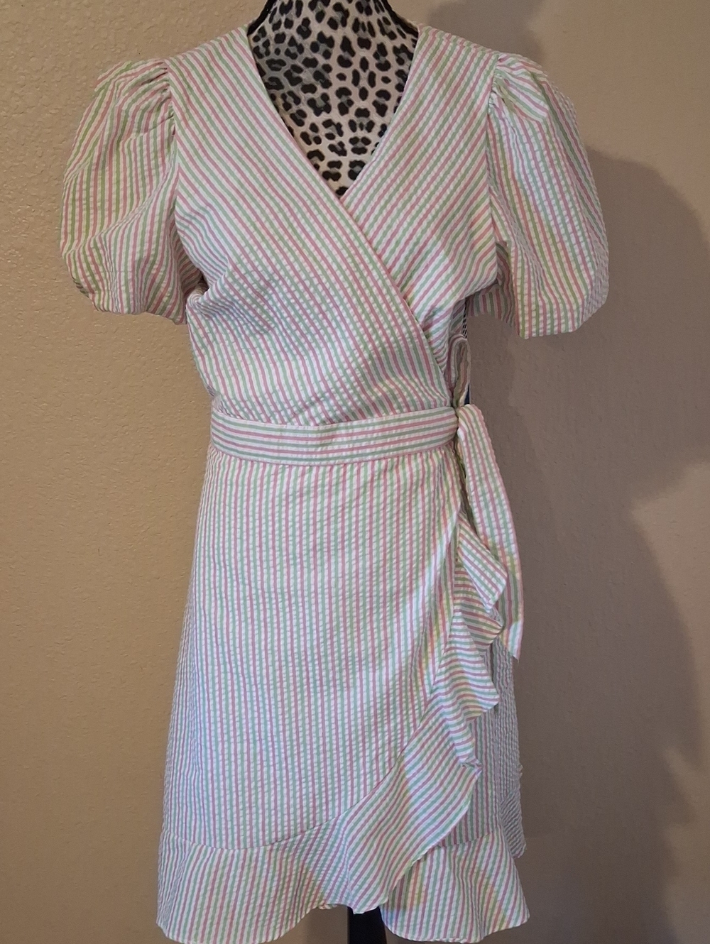NWT Draper James Striped Wrap Midi Dress.Pink-Green Stripe. Puff Sleeves- (M)
